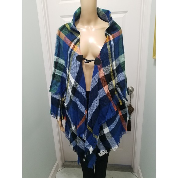 Fashion by Mirabeau Shawl One Size Blue Plaid Raw Hem Fringed Poncho Wraps - Picture 1 of 7